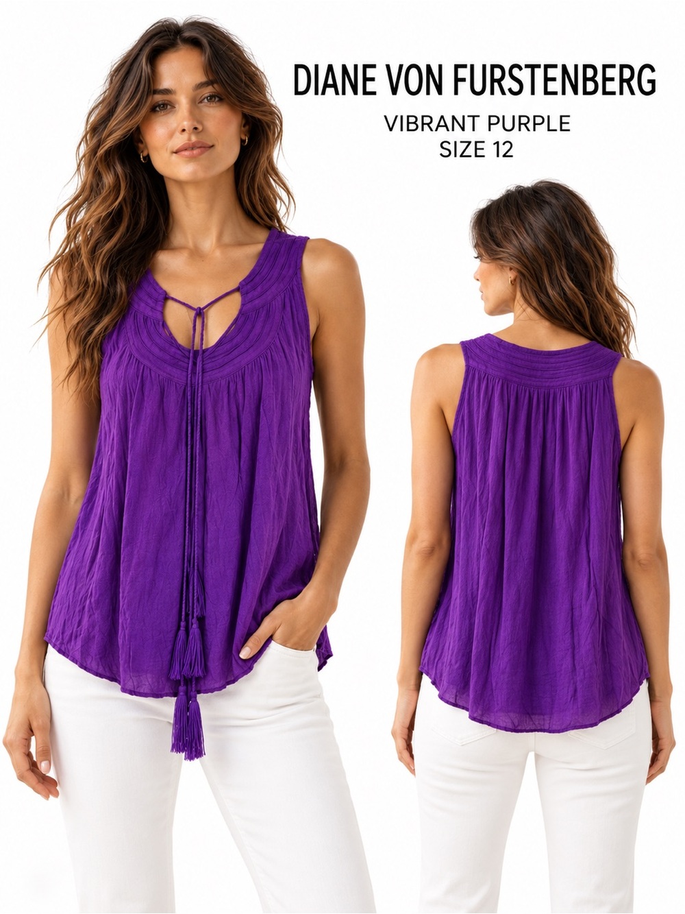 Diane von Furstenberg purple sleeveless top decorative tassel ties SZ 12